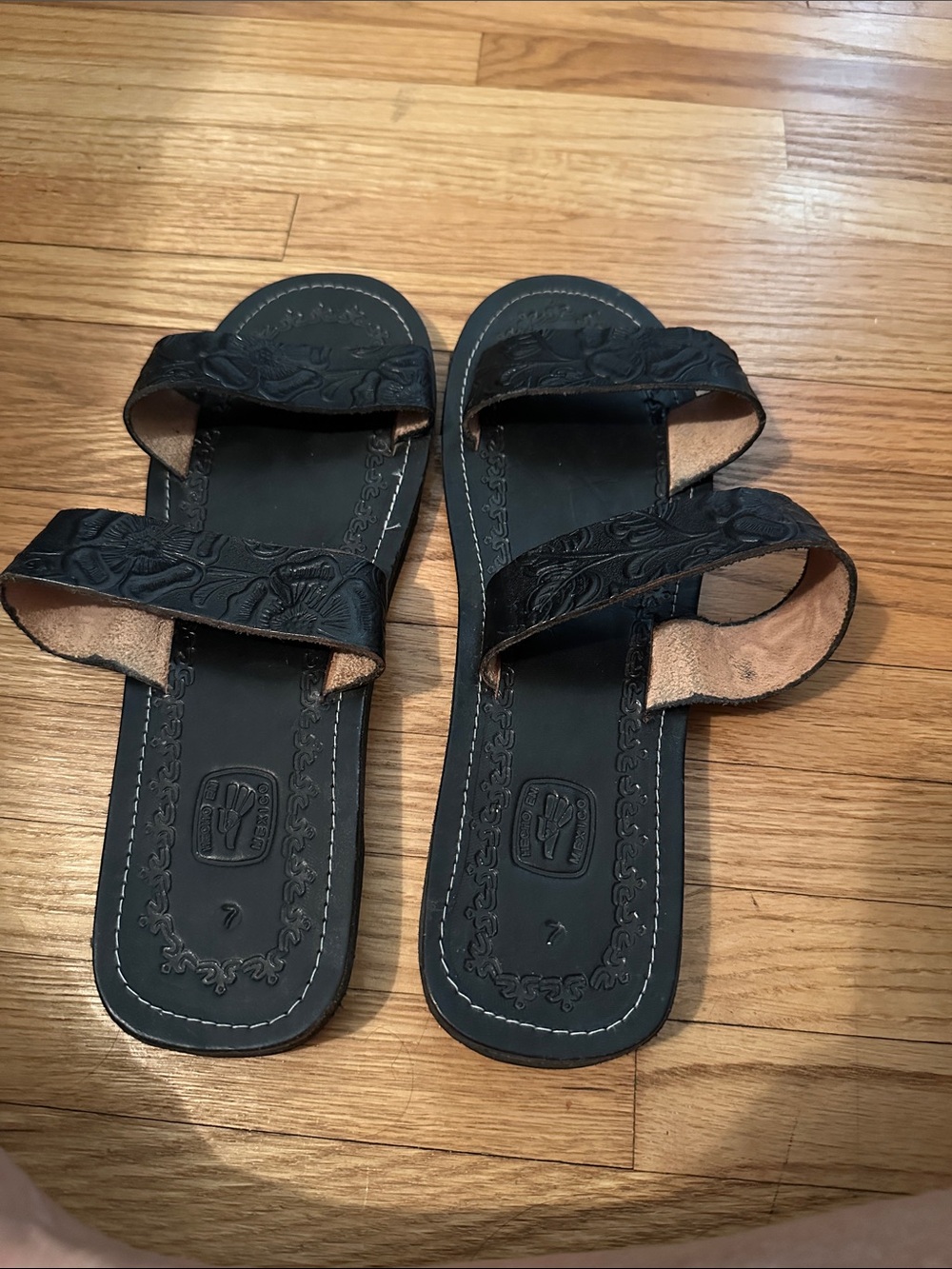 Sanuk Black Embossed Double Strap Slide Sandals